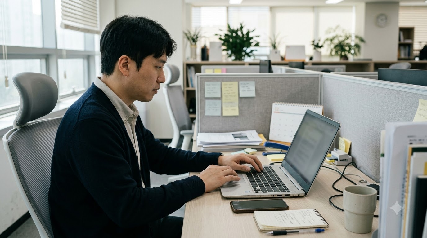 노트북으로 작업하는 동안 책상에 놓인 스마트폰