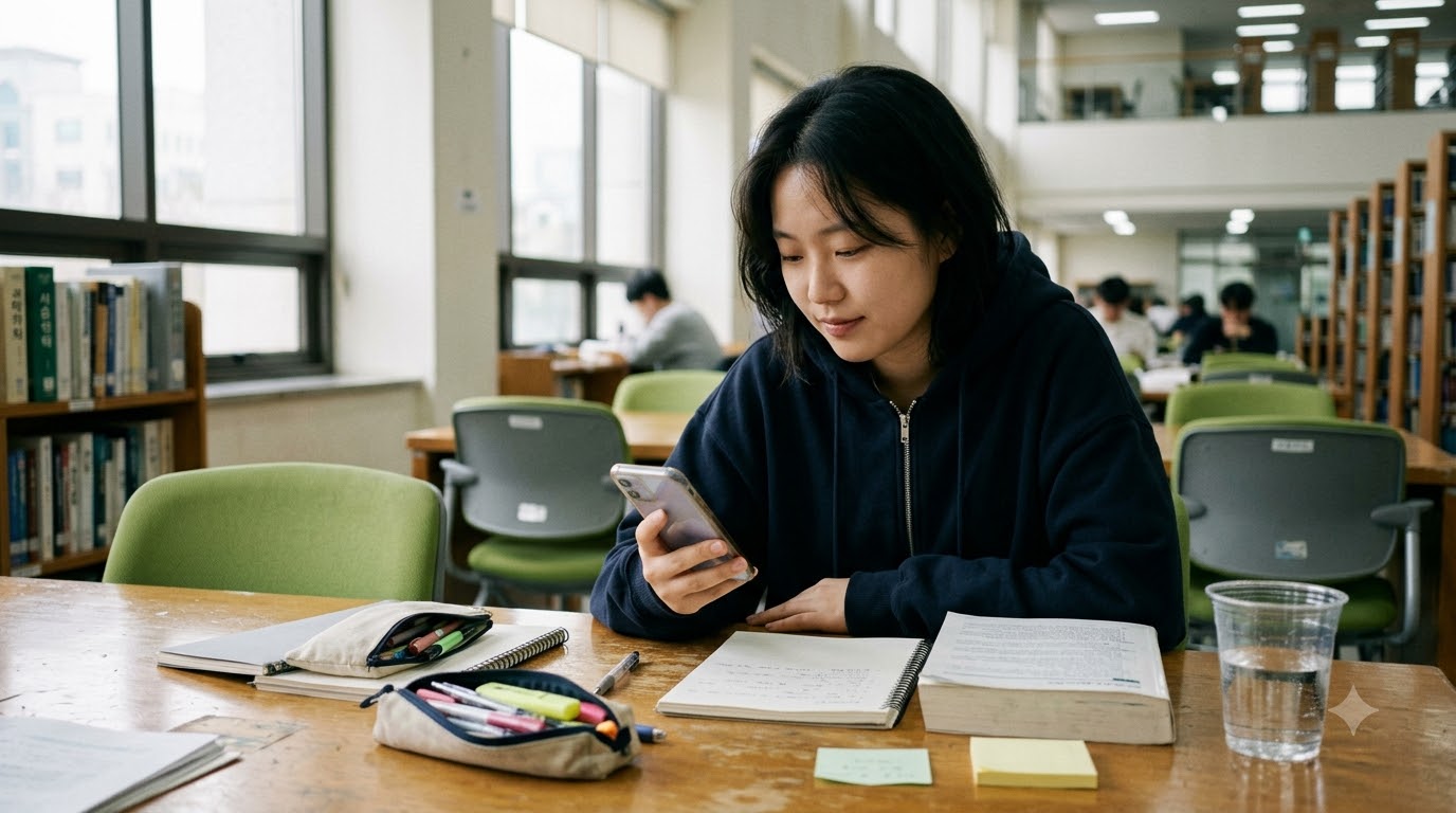 도서관 책상에서 스마트폰을 확인하는 학생