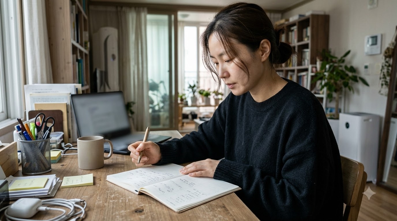 책상에서 플래너를 살펴보며 메모하는 사람