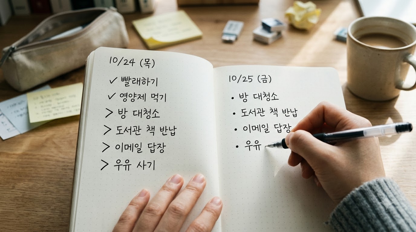 새로운 페이지에 과업을 다시 쓰고 기존 페이지의 옛 점(•) 위에 '>'를 덧그려 깔끔하게 닫아준 손글씨 이관 결과 화면